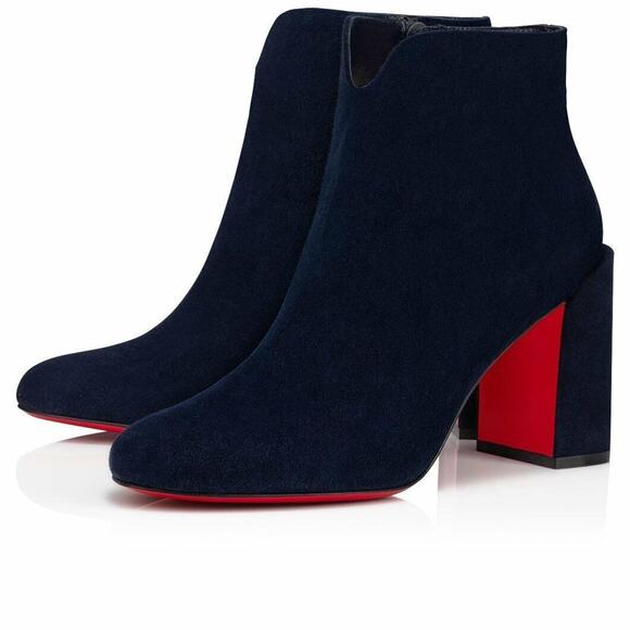 Christian Louboutin Castarika 85 Nocturne Blue Suede Ankle Block Heel Boot 35.5 - Picture 1 of 9